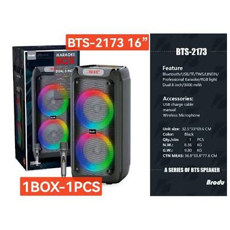 Професионална система Brodu BTS-2173 8X2" IKARAOKE BOX – Bluetooth високоговорител с безжичен микрофон и вход за китара