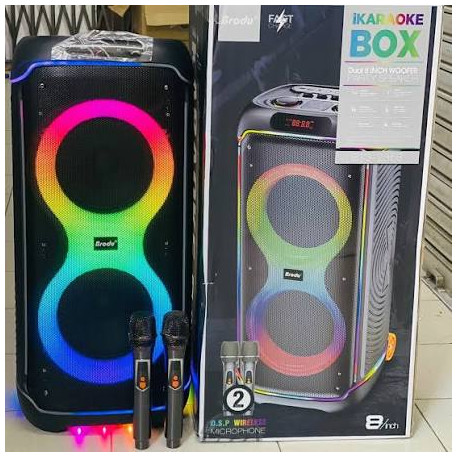 Brodu BTS-2368 Dual 8" – Караоке система / Bluetooth парти колона с два безжични микрофона, RGB светлини, TWS и USB